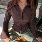VacationGrabs Women Y2k Button Down Shirts Casual Long Sleeve V Neck Collared Slim Fit Crop Top E-Girls Coquette Vintage Blouse