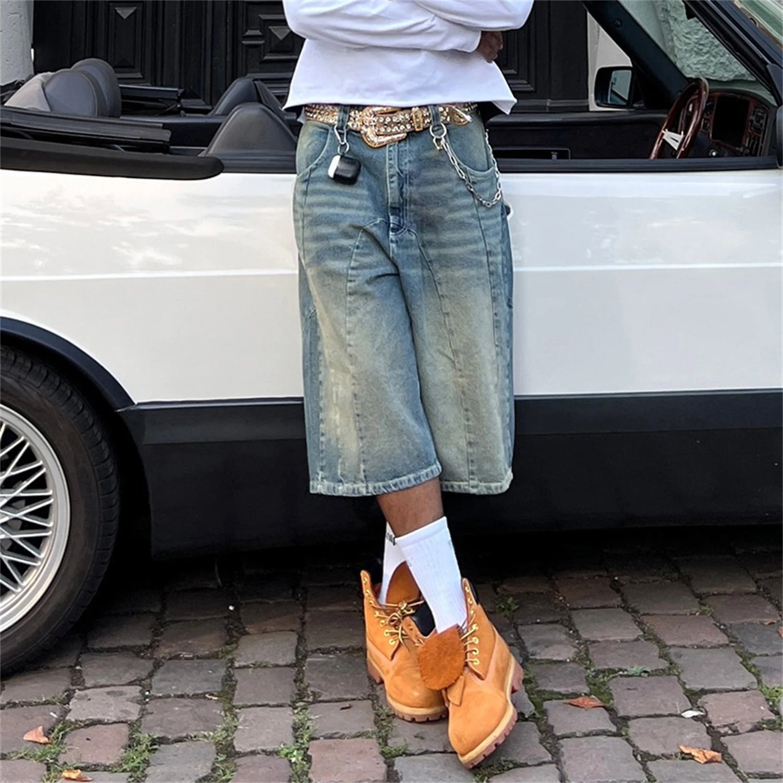 Men Baggy Denim Shorts Retro Wide Leg Carpenter Mid Jeans Zipper Hip Hop Jorts with Pockets Casual Streetwear