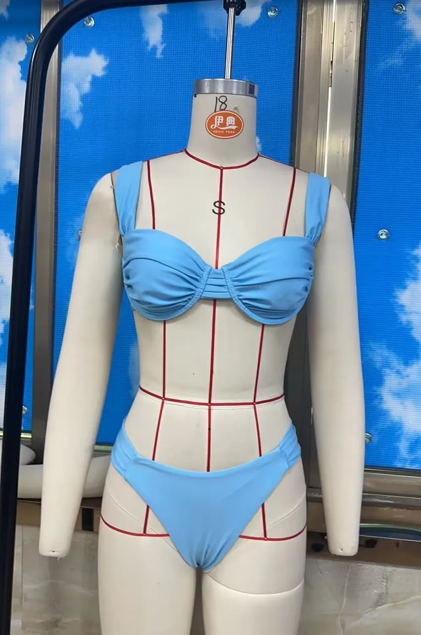 VacationGrabs Ruched Bikini Sets for Women Two Piece Swimsuit High Cut Sexy Brazilian Cheeky Thong Bathing Suit