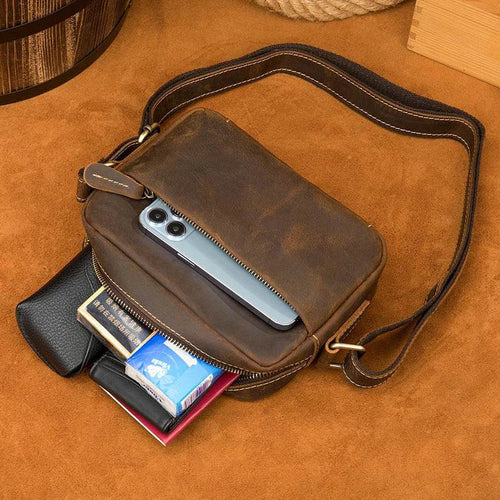 Men's Crazy Horse Leather Crossbody Bag – Retro Messenger Sling - VacationGrabs
