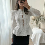 VacationGrabs Vintage Sheer Floral Lace Shirt Women Stand Collar Chinese Knot Buttons Puff Sleeve Peplum Slim Fit Casual Street Blouse