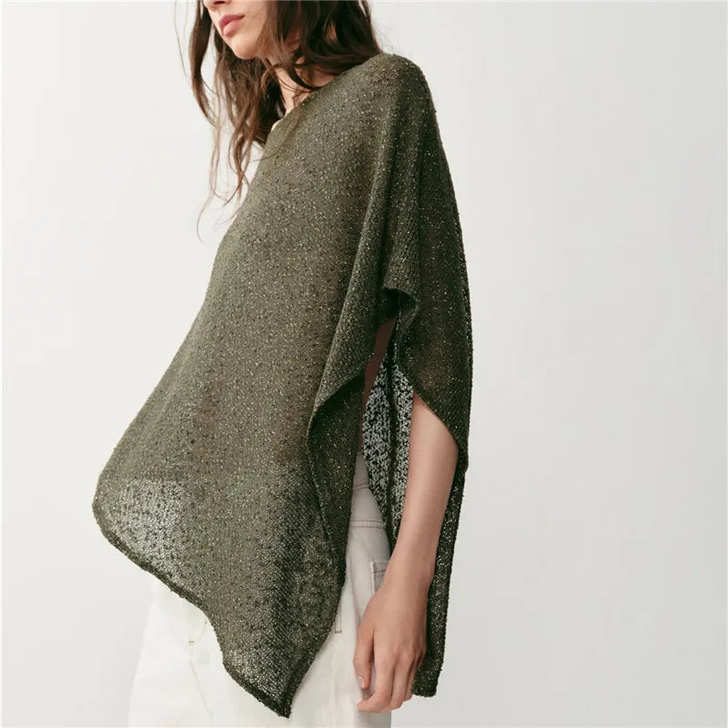 VacationGrabs Women Hollow Out Knit Poncho Cape Boat Neck Loose Irregular Hem Sheer Mesh Knitted Shawl Wrap Metallic Thread Cover Up