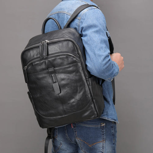 Black Leather Backpack for Men Casual Travel Daypack 14"