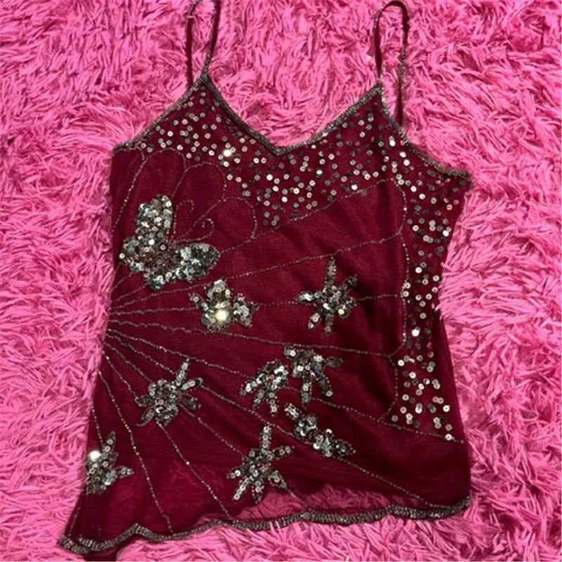 VacationGrabs Sexy Sequin Slim Fit Irregular Strap Tank Crop Tops Versatile Sexy Hot Girl Summer Mesh See Through Sleeveless Tee Shirt