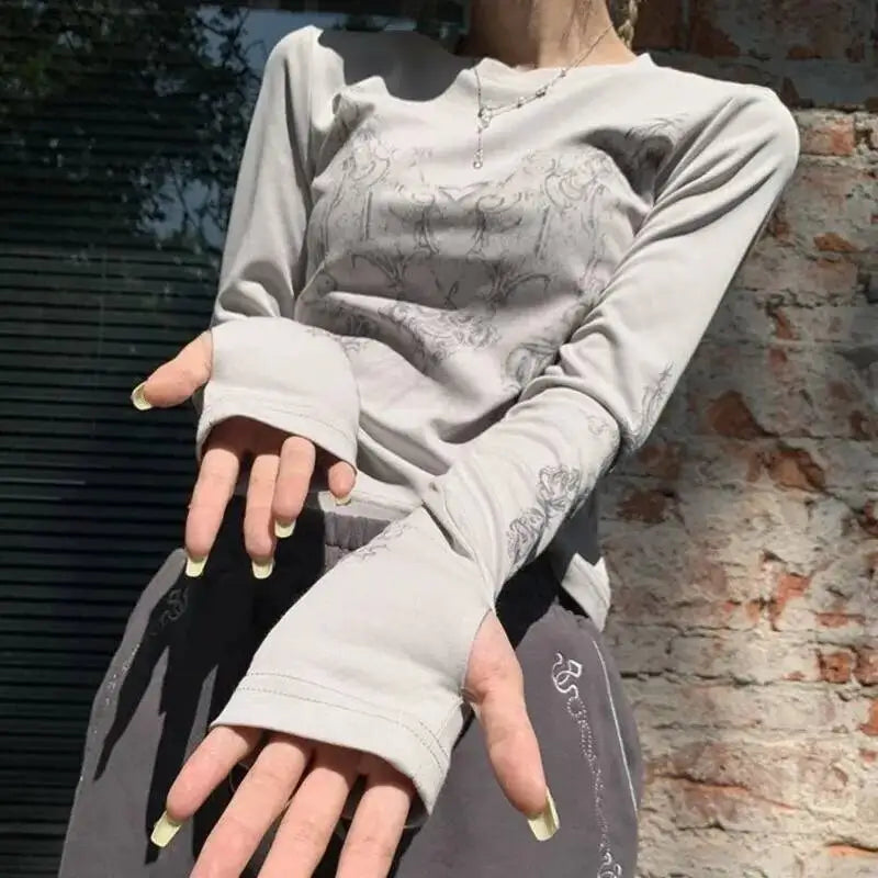 Women's Y2K Geometric Print Long Sleeve O-Neck Tee