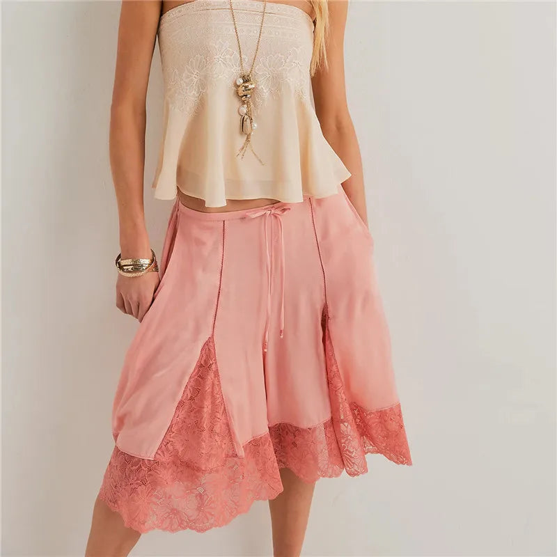 Women Lace Trim Shorts Y2k Satin Low Rise Half Slip Pajamas Cute Bow Coquette Pettipants Bloomers Patchwork Lounge Midi Pants
