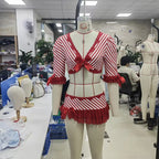 VacationGrabs Women's Striped Candy Girl Christmas Cosplay Costume 3 4 Sleeve Lace Bow Crop Top Ruffle Mini Skirt Party Fancy Dress