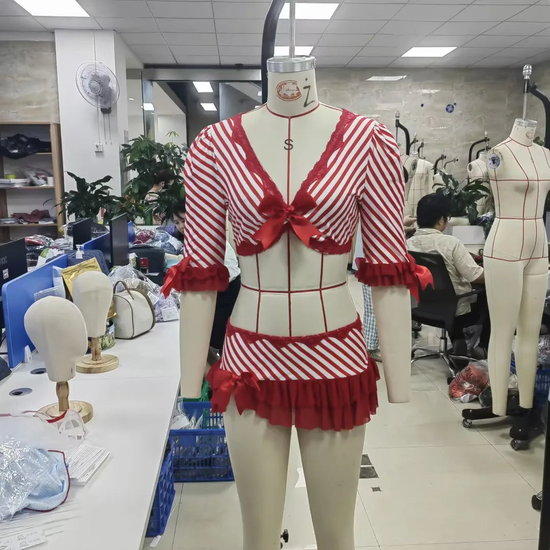 VacationGrabs Women's Striped Candy Girl Christmas Cosplay Costume 3 4 Sleeve Lace Bow Crop Top Ruffle Mini Skirt Party Fancy Dress