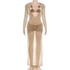 Women's 3 Piece Dress Outfits Summer Short Sleeve V Neck Sheer Shiny Dress Golden Bra Tie Up Thong Set Party Club Vacation
