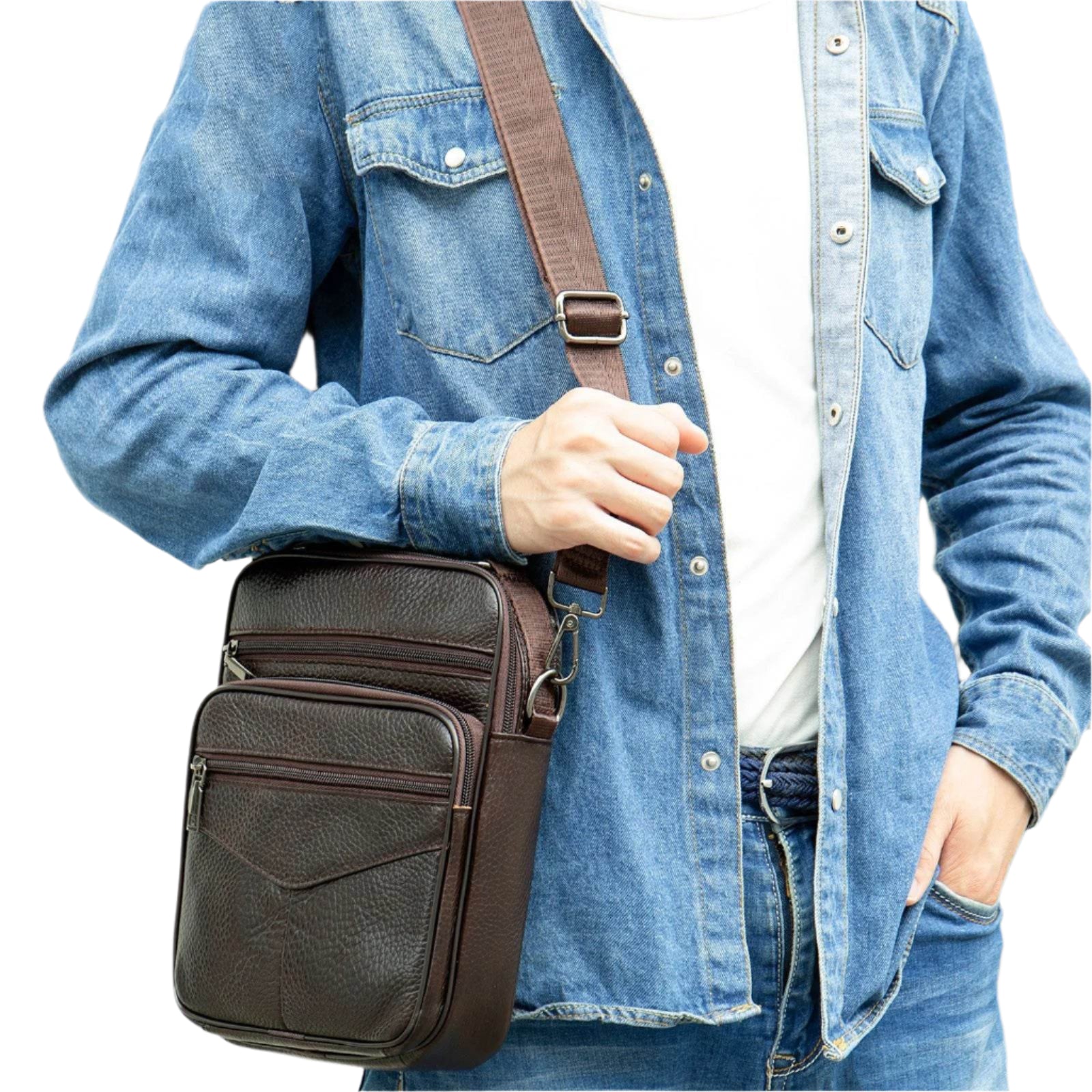 Men’s Small Crossbody Bag Genuine Leather Mobile Phone Shoulder Bag - VacationGrabs