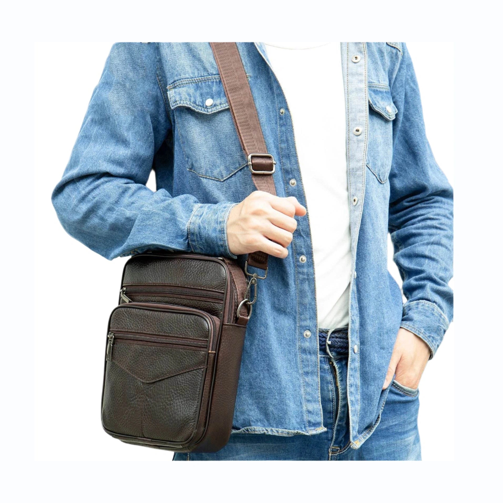 Men’s Small Crossbody Bag Genuine Leather Mobile Phone Shoulder Bag - VacationGrabs