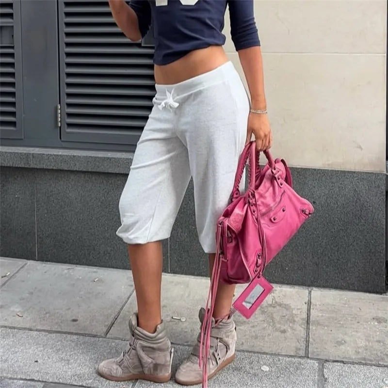 Women Vintage Y2K Low Waist Capri Sweatpants Drawstring Loose 3/4 Length Cropped Casual Streetwear Solid Color Loungewear Pants
