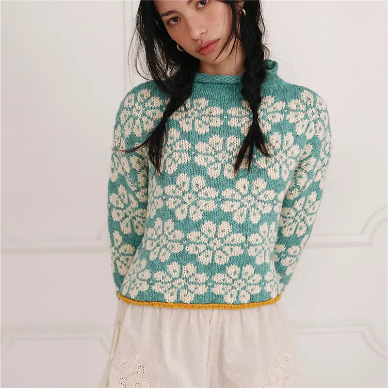 VacationGrabs Oversized Cropped Knit Sweater Women Roll Neck Floral Jacquard Pattern Contrast Trim Long Sleeve Loose Pullover Knit Top