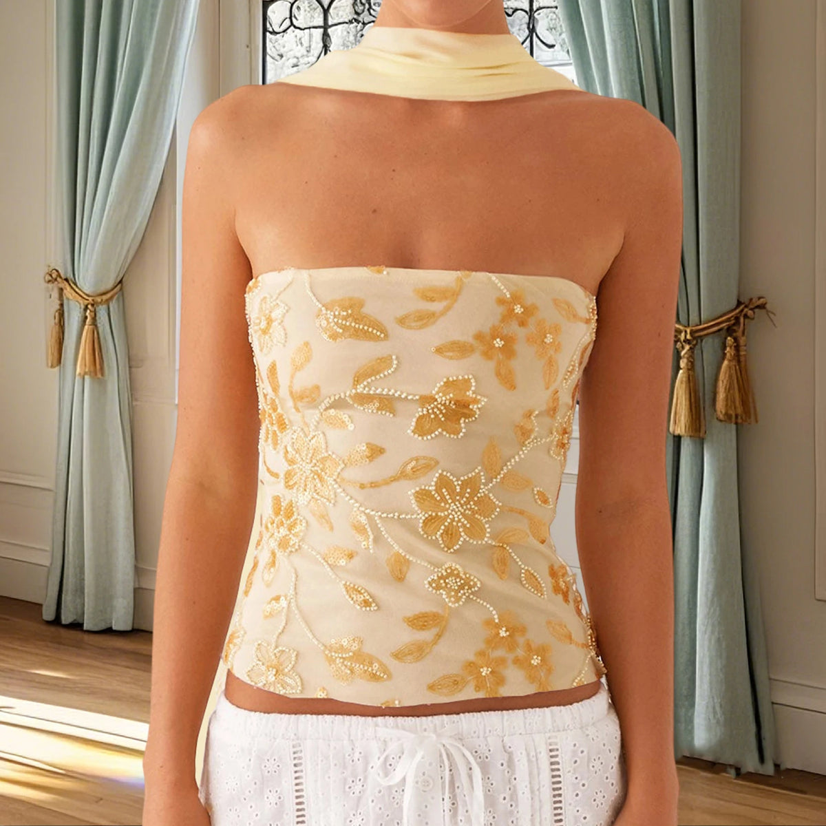 Sequin Beaded Backless Crop Tank Top with Scarf