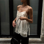 VacationGrabs Women Lace Trim Satin High Low Tops Silk Spaghetti Strap Side Split Asymmetrical Cami Top Flowy Silky Layering Tops