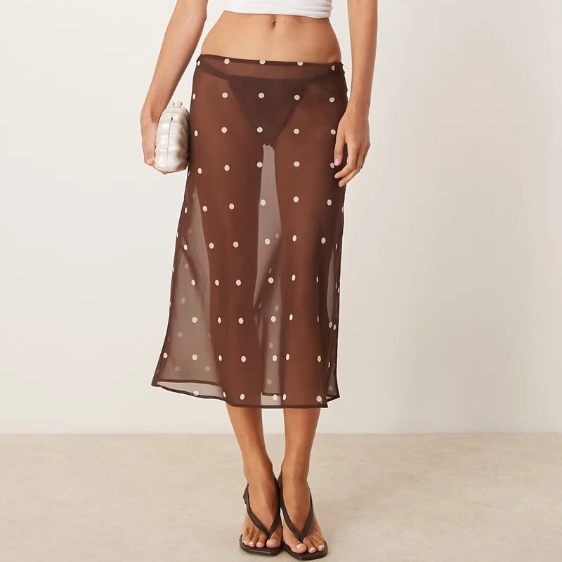VacationGrabs Women Polka Dot Sheer Midi Skirt Sexy See Through Low Rise Long Skirt Flowy Mesh Cover Up Maxi Skirts Beachwear