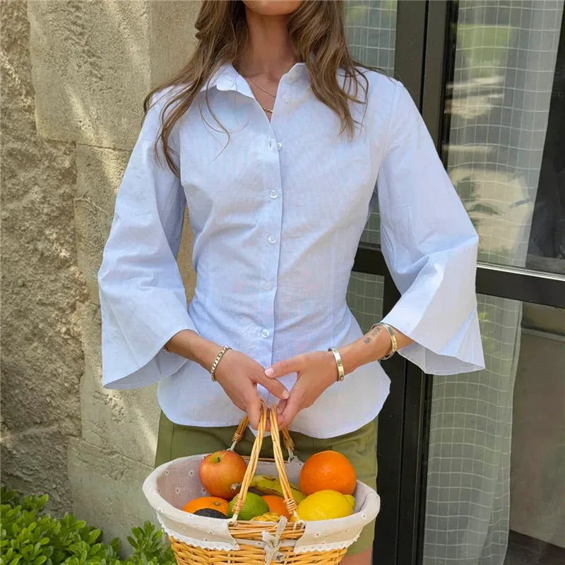 VacationGrabs Y2K Tie Back Cinched Waist Collared Shirt For Women Flare 3/4 Sleeve Button‑Front Slim Fitted Curved Hem Casual Blouse