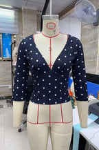 VacationGrabs Women Vintage Polka Dot Crop Top Deep V 3/4 Sleeve Wrap Bust Slim Fitted Short T Shirt Retro Casual Y2K Basic Blouse