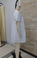 VacationGrabs Square Neck Eyelet Lace Mini Dress Women Flutter Short Sleeve Front Button Pleated Loose Babydoll Summer Vacation Dress