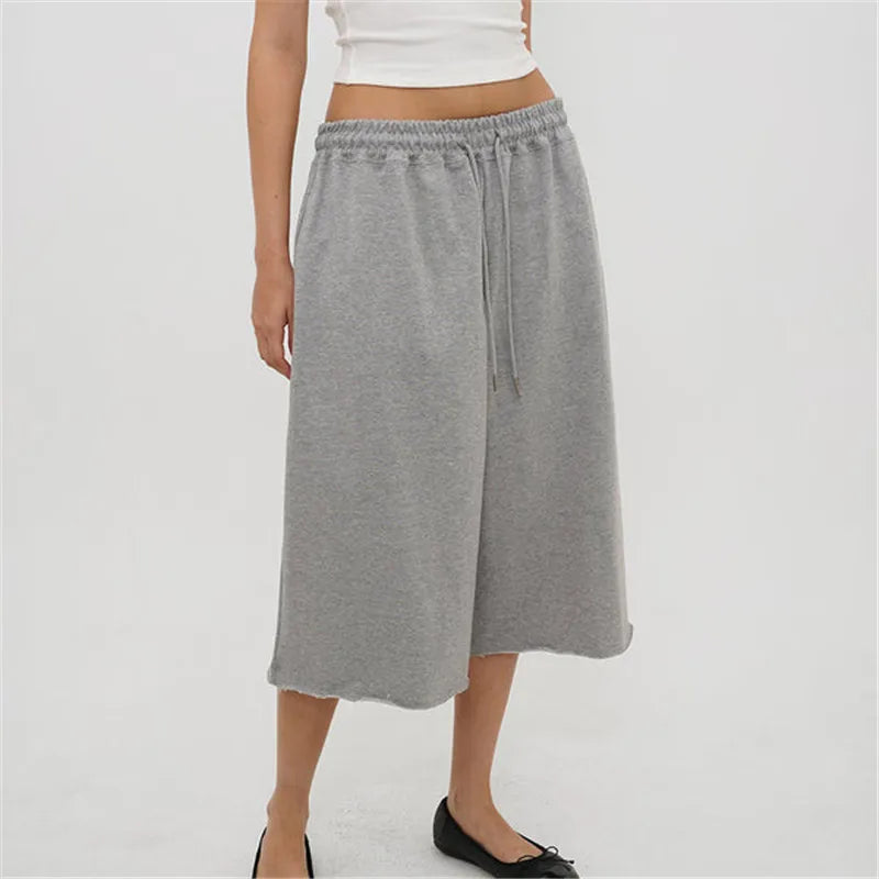 VacationGrabs Ladies Raw Edge Bermuda Sweat Pants Elastic Drawstring Waist Loose Wide Leg Casual Knee Length Capri Jogger Trousers