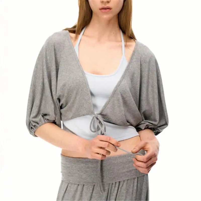 Women Two Piece Pilates Wrap Top Set Halter Neck Slim Fit Cami Tops and Half Sleeve Cropped Shrug Soft Yoga Sport Activewear
