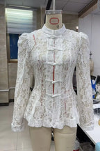 VacationGrabs Vintage Sheer Floral Lace Shirt Women Stand Collar Chinese Knot Buttons Puff Sleeve Peplum Slim Fit Casual Street Blouse