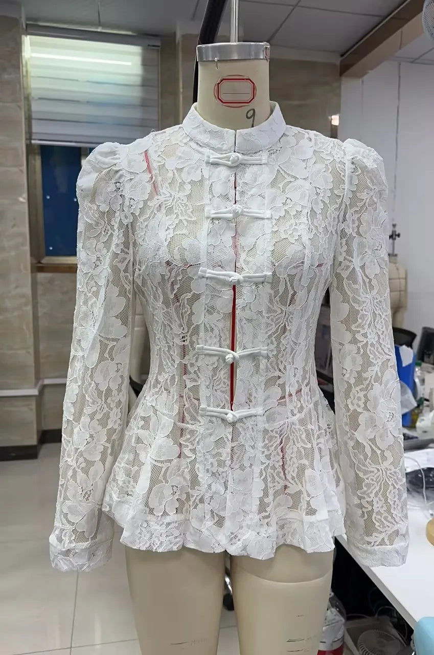 VacationGrabs Vintage Sheer Floral Lace Shirt Women Stand Collar Chinese Knot Buttons Puff Sleeve Peplum Slim Fit Casual Street Blouse