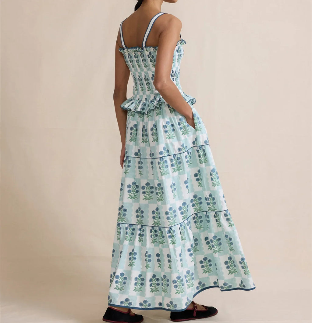 Women Summer Boho Tie Shoulder Dress Y2k Floral Smocked Flowy Long Dress Ruffle Tiered Beach Vacation Sundress