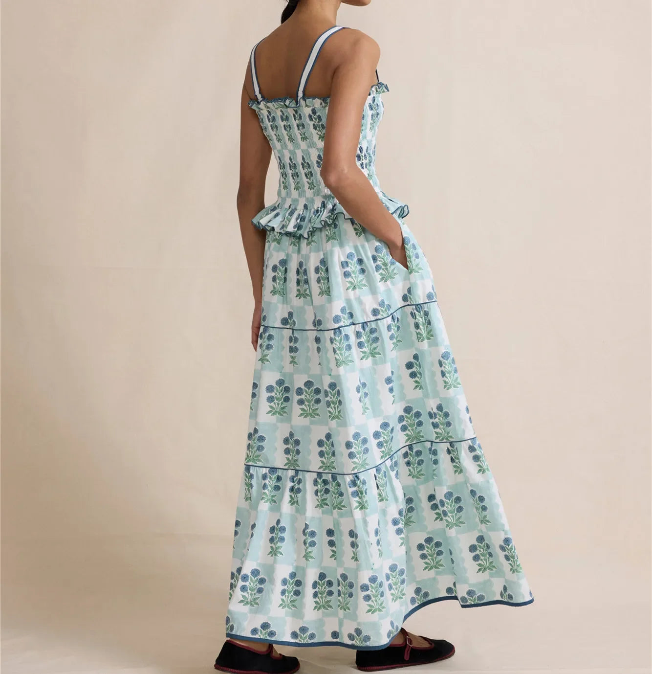 Women Summer Boho Tie Shoulder Dress Y2k Floral Smocked Flowy Long Dress Ruffle Tiered Beach Vacation Sundress