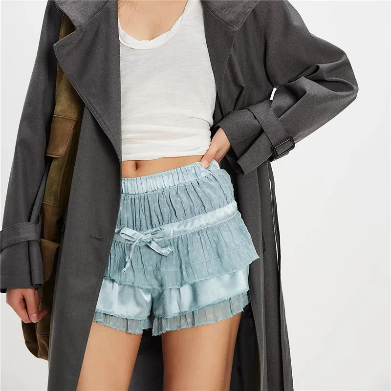 VacationGrabs Womens Layered Frilly Ruffle Micro Lolita Bloomers Y2k Low Rise Satin Shorts Lace Fluffy Boxer Mini Boyshorts Panties