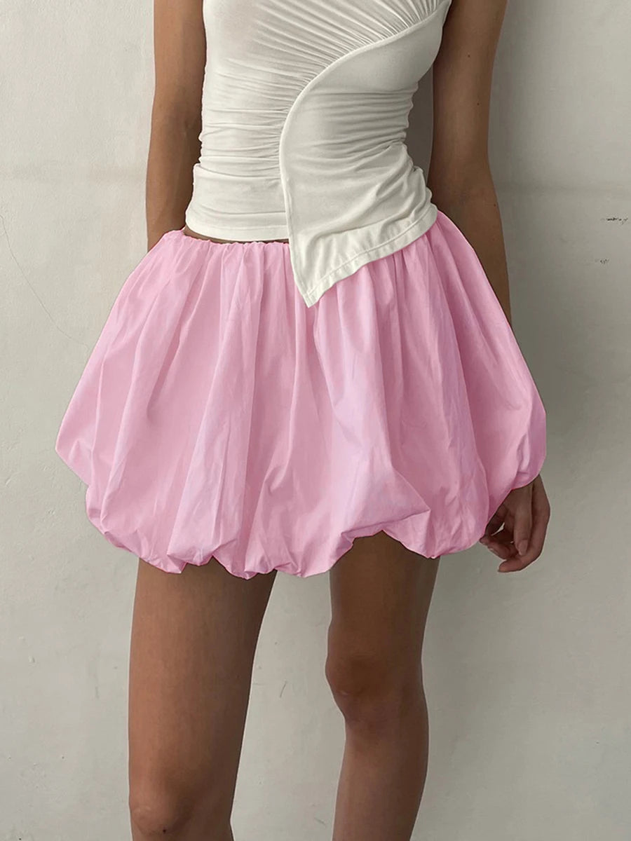 VacationGrabs Women Y2K Bubble Skirt Elastic Waist Pleated Ruffle Hem A Line Mini Skirt Girls Cute Short Puffy Balloon Skirt