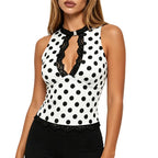 VacationGrabs Women Polka Dot Halter Neck Tank Top Lace Trim Keyhole Cutout Sleeveless Slim Fit Y2K Camisole Top for Party Clubwear