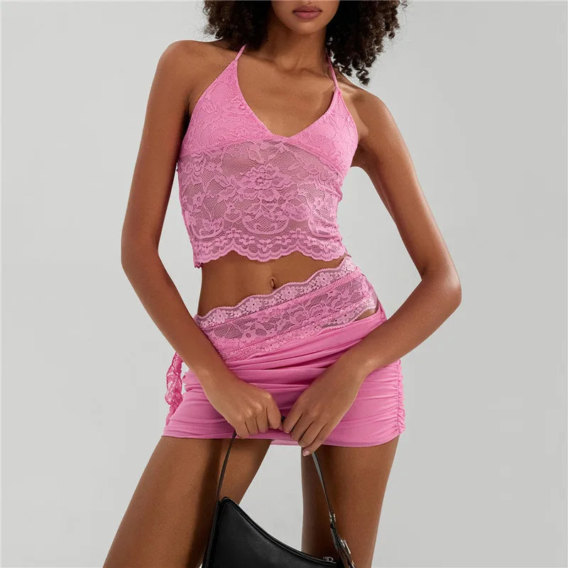 Pink Lace Two Piece Set | Strapless Top & Mini Skirt