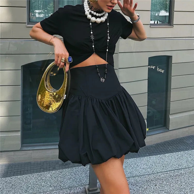 VacationGrabs Women Y2K Bubble Skirt Fashion Elastic Waist Pleated Ruffle Hem A Line Mini Skirt Girls Cute Short Puffy Balloon Skirt