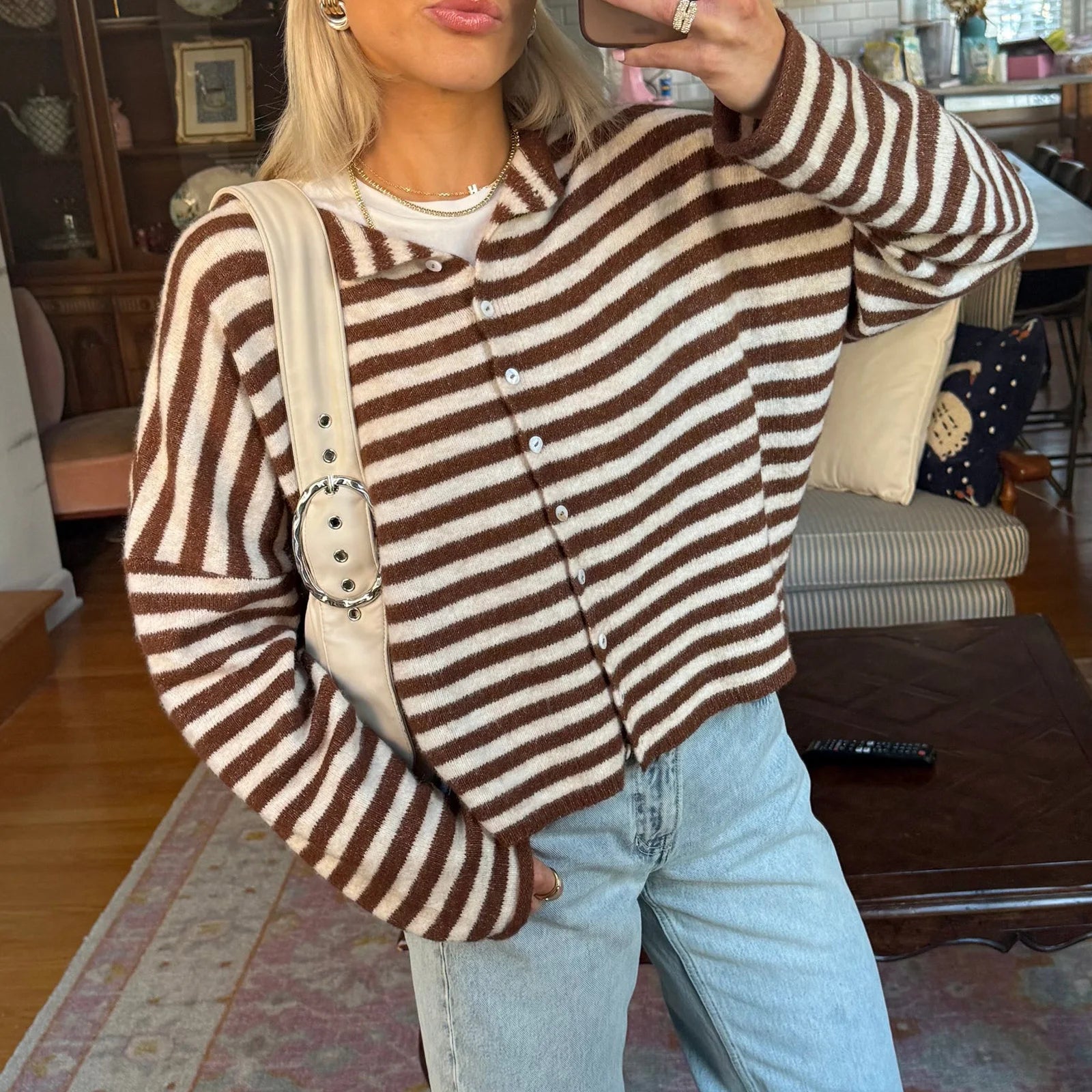 Y2K Crew Neck Open Front Button Down Long Sleeve Knit Sweaters Womens Striped Cardigan Sweater Casual Winter Fall Outerwear