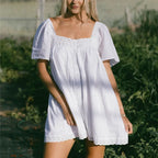 VacationGrabs Square Neck Eyelet Lace Mini Dress Women Flutter Short Sleeve Front Button Pleated Loose Babydoll Summer Vacation Dress
