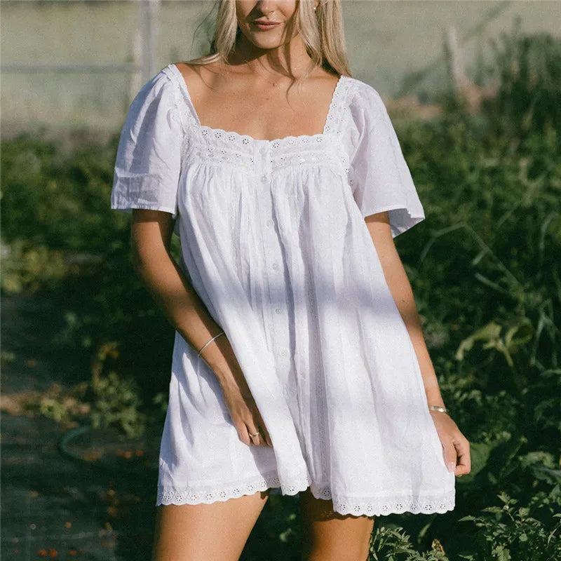 VacationGrabs Square Neck Eyelet Lace Mini Dress Women Flutter Short Sleeve Front Button Pleated Loose Babydoll Summer Vacation Dress