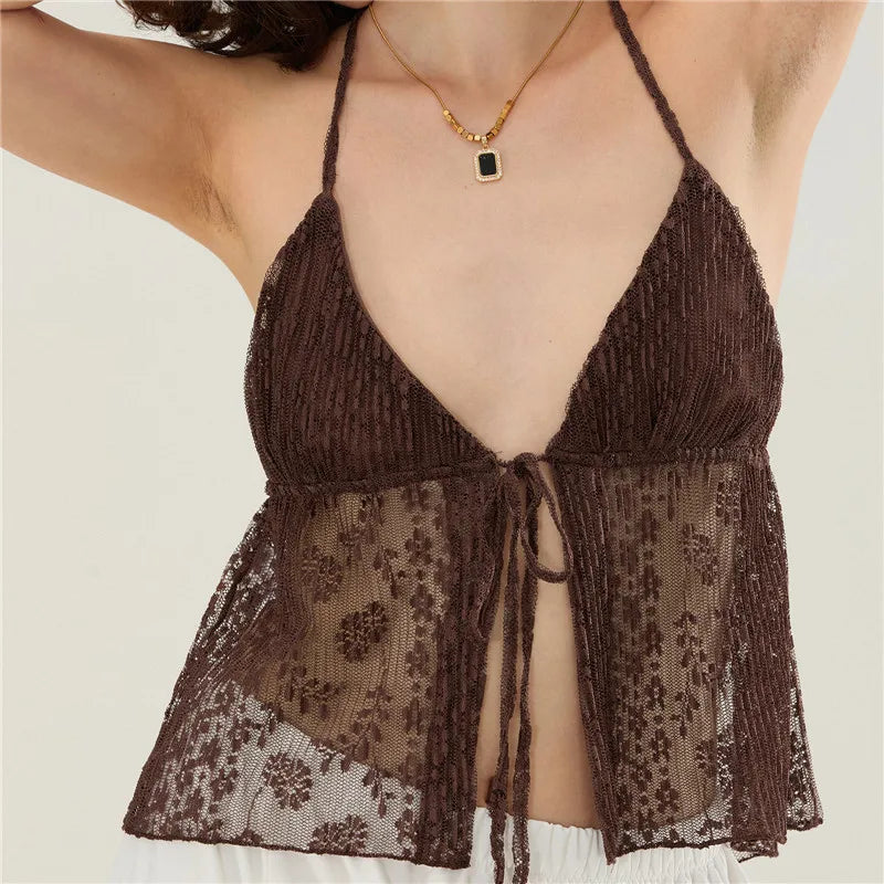 VacationGrabs Summer Women Y2K Lace Shirt Sexy Halter Neck Deep V Neck Crop Top Tie Front Sleeveless Strappy Cami Shirt Streetwear