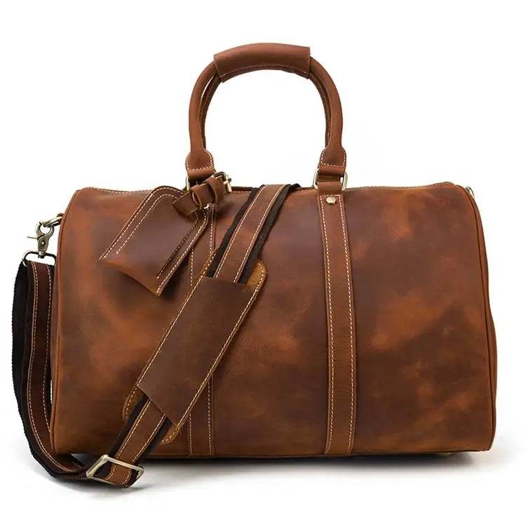 Crazy Horse Leather Men’s Travel Duffle Bag Retro Cowhide - VacationGrabs