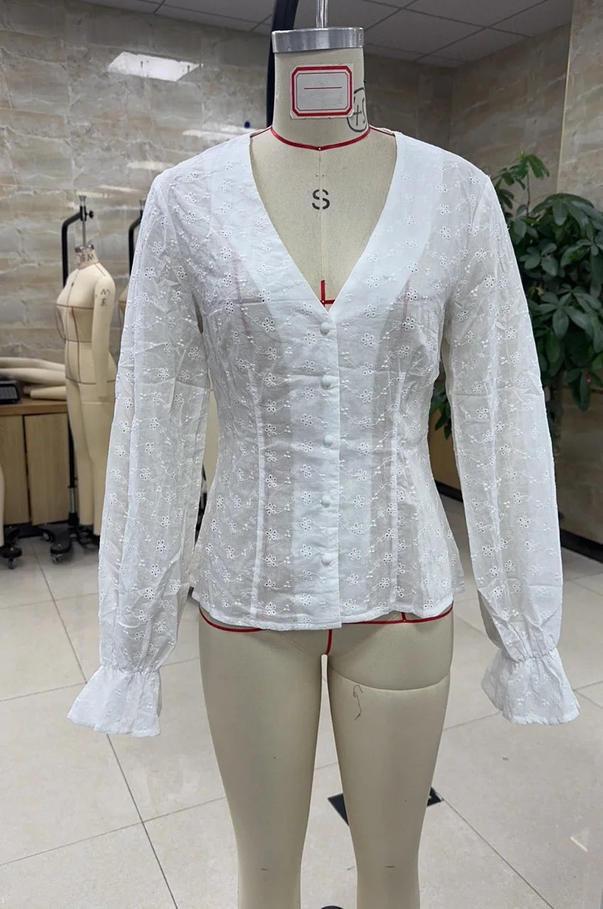 VacationGrabs Women's Fall Button Up Blouse Casual Loose Fit Stylish Embroidered Solid Color Eyelet V Neck Long Sleeve Tops