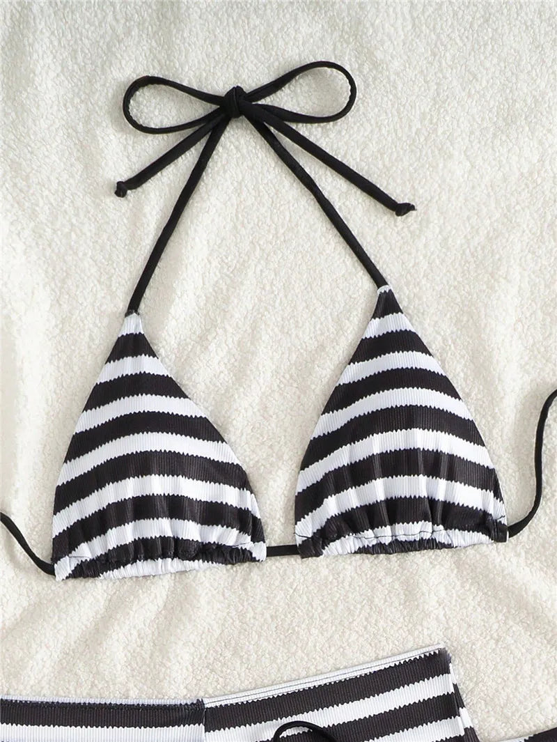 VacationGrabs Women Striped 3 Piece Bikini Set Halter Triangle Top Side Tie Bikini Bottom With Cover Up Shorts Swimsuit Summer Beach