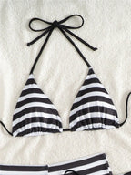 VacationGrabs Women Striped 3 Piece Bikini Set Halter Triangle Top Side Tie Bikini Bottom With Cover Up Shorts Swimsuit Summer Beach