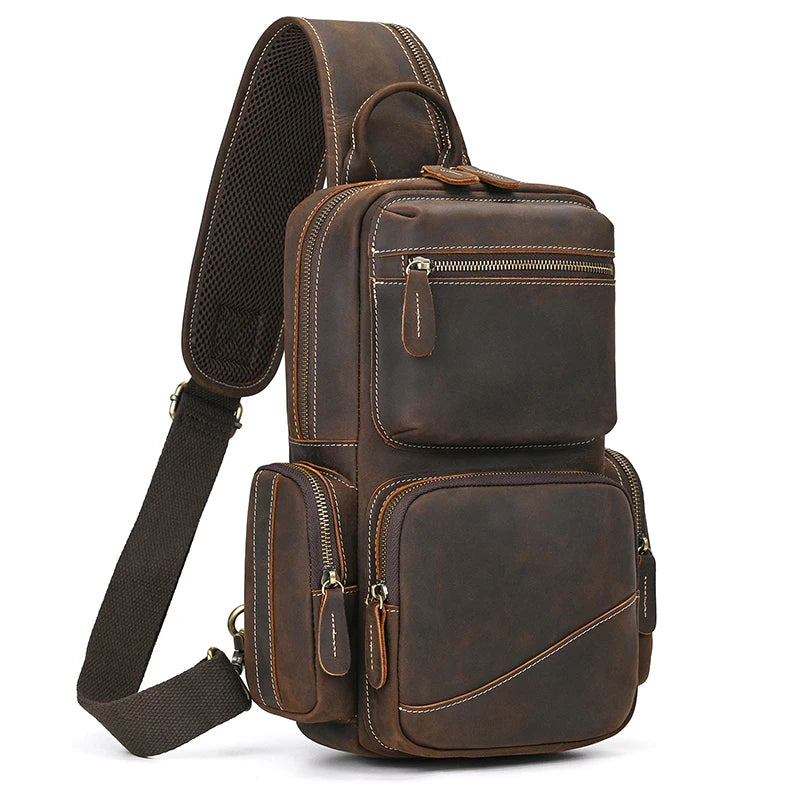 Newsbirds Genuine Leather Chest Bag Crazy Horse Leather Vintage Chest Pack Single Shoulder Crossbody Backpack For Men Male Bag