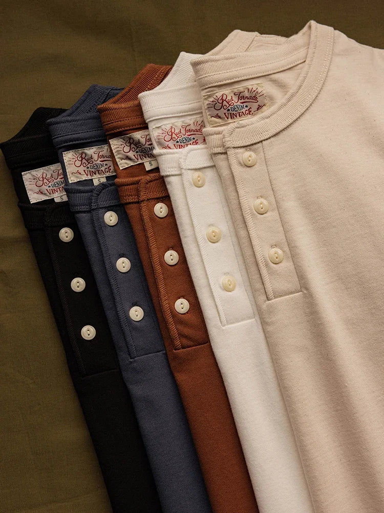 Red Tornado Short Sleeve Henley T-Shirt Heavyweight Cotton Every Day Tee Amekaji