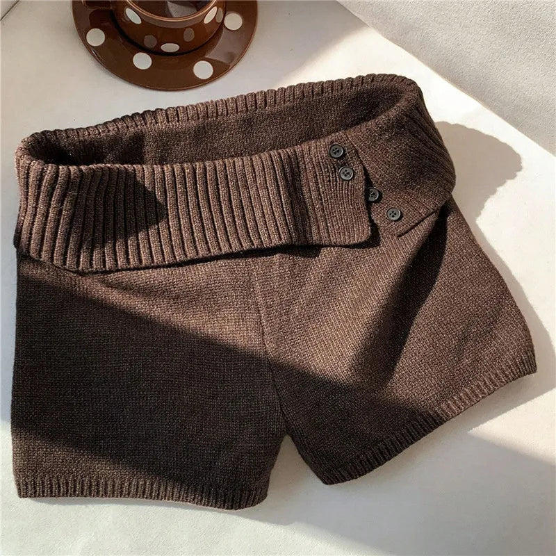VacationGrabs Stylish Button Decor Ribbed Trim Foldover Mid Rise Shorts Women Knit Crochet Micro Shorts Casual Slim Fit Y2K Streetwear