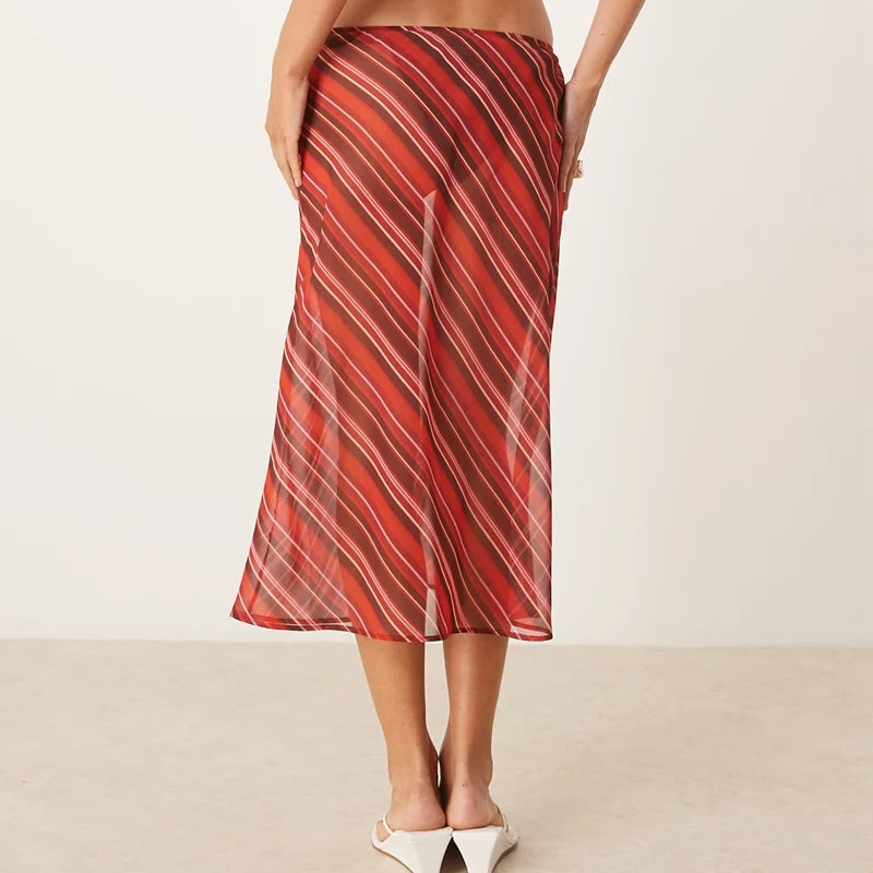 VacationGrabs Women Polka Dot Sheer Midi Skirt Sexy See Through Low Rise Long Skirt Flowy Mesh Cover Up Maxi Skirts Beachwear
