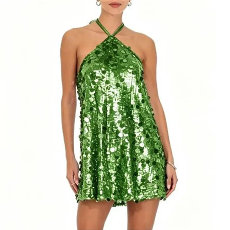 VacationGrabs Women Halter Backless Sequin Mini Dress Glitter Paillette Tie Up Short Dress Club Party Sparkly Cocktail Evening Dresses