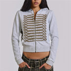 VacationGrabs Women Cropped Zip Up Hoodie Metallic Braided Embroidery Long Sleeve Ribbed Hem Y2K Streetwear Short Hooded Sweatshirt