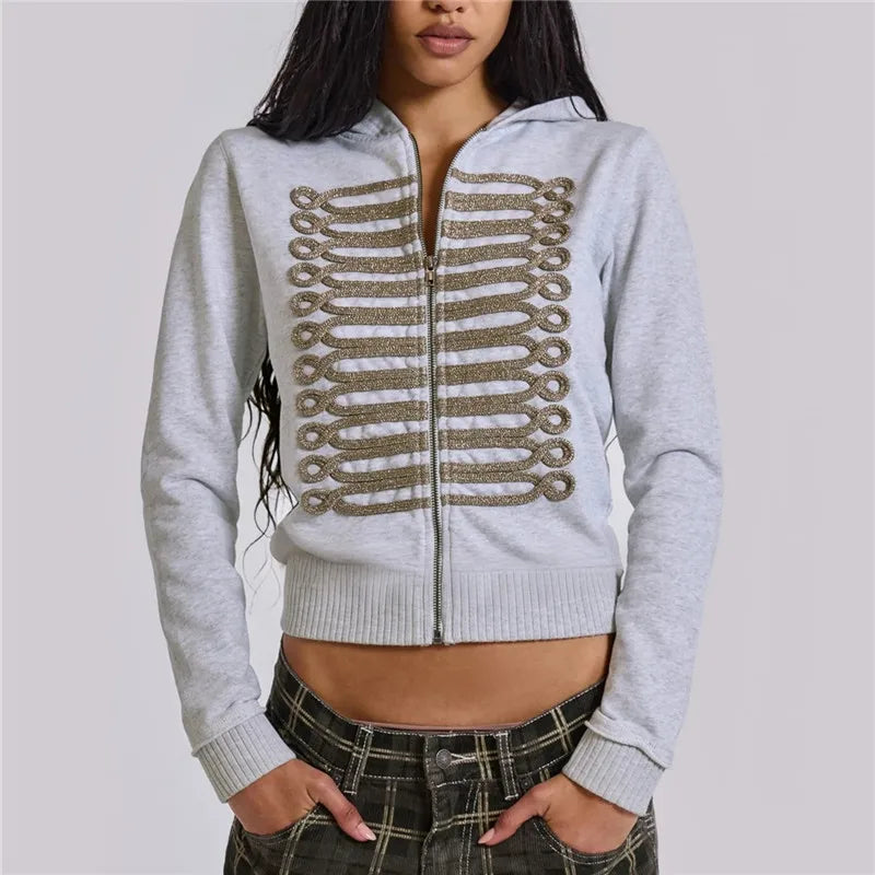 VacationGrabs Women Cropped Zip Up Hoodie Metallic Braided Embroidery Long Sleeve Ribbed Hem Y2K Streetwear Short Hooded Sweatshirt