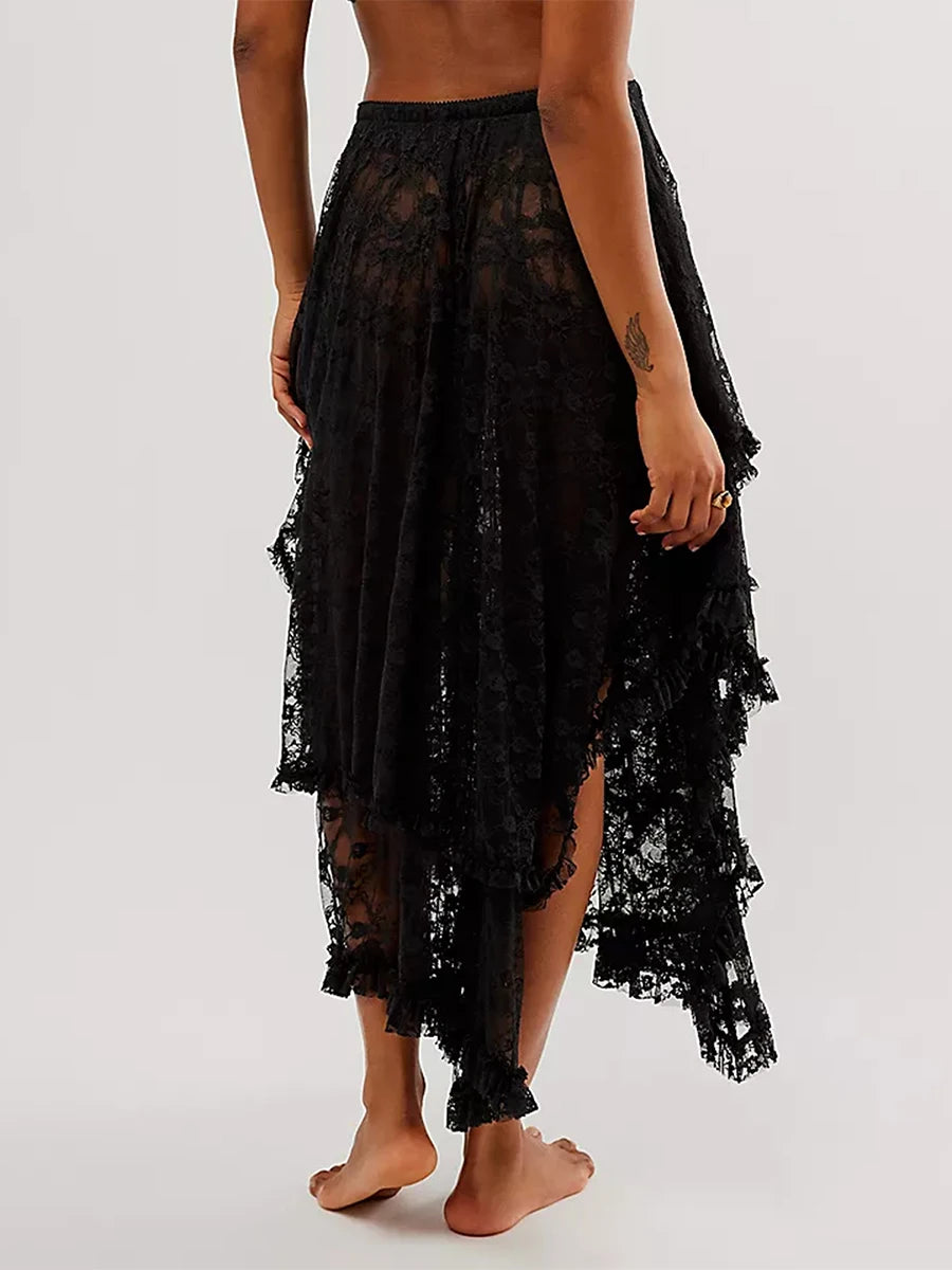 VacationGrabs Floral Lace Long Skirt for Women Y2K Elastic Waist Asymmetrical Layered Maxi Skirt Sexy See Through Flowy Beach Skirt